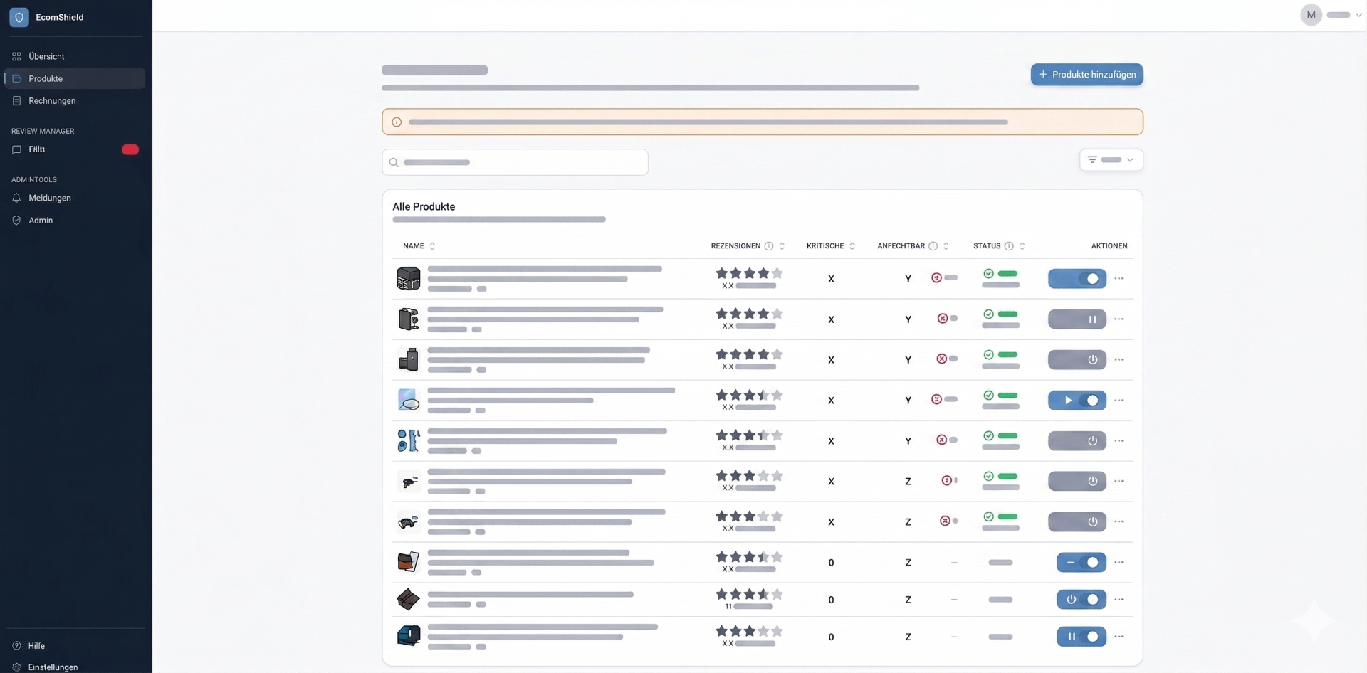EcomShield Dashboard – Produktübersicht mit Rezensionen, Status und Aktionen